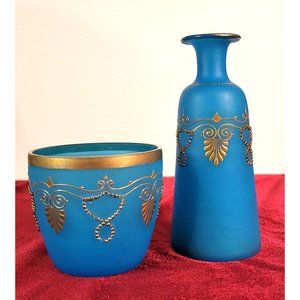 Blue Opaline Glass French Vase and Bowl with Gold Accent Gorgeous Set!  CT302